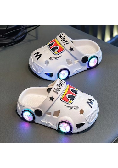 Uıowoo Çocuk Işıklı Araba Ve Dinozor Terlikleri - Kaymaz Eva Tabanlı Ve Delikli Tasarım - Plaj Ve Ev İçin BEYAZ