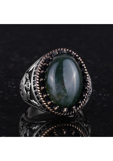 Gerçek Doğal Taş Yüzük - El Yapımı Kartal Yüzüğü - 925 Ayar Gümüş Moss Agate Yüzük Gümüş