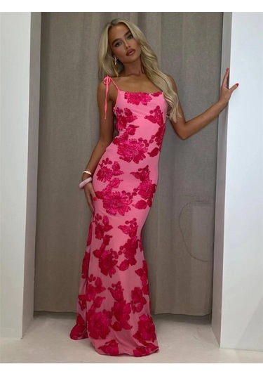 Pembe Ayarlanabilir Askılı Çiçekli Astarlı Maksi Pembe