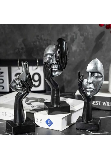 Eskitme Gümüş Soyut El Yüz Biblo Heykel Dekoratif Obje Seti