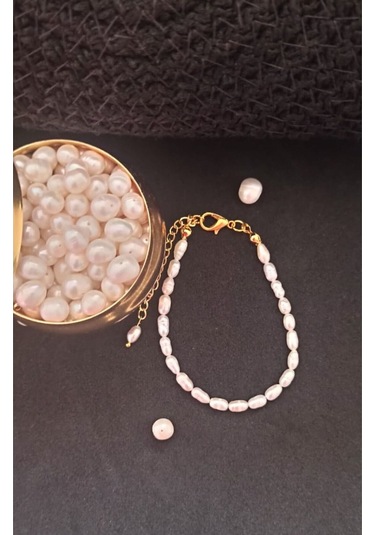 24k Altın Kaplama Gerçek Arpa İnci Tasarım Bileklik Beyaz Tek Eba Gold