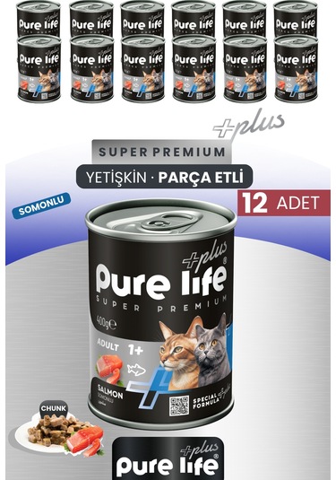 Purelife Plus 12'li Somonlu Yetişkin Konserve Chunk Parça Etli Yaş Mama 400 G