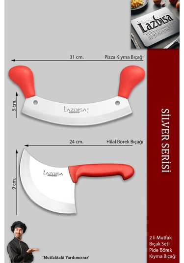 Lazbisa Mft-460 Silver Serisi Pizza Salata Hilal Börek Pide Bıçağı Kıyma Bıçağı 2 Li Set Günlük Kullanım Kırmızı