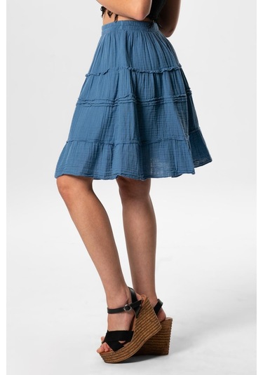 Benan Beli Lastikli Kısa Yazlık Müslin Etek İndigo İndg-indigo İndigo