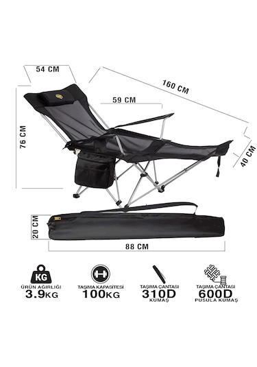 Funky Chaırs Legend Şemsiyeli Yatabilen Kamp Sandalyesi - Siyah
