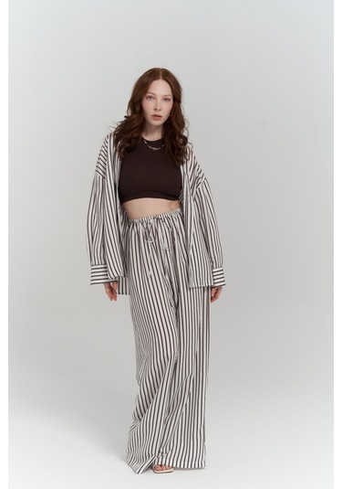 Beatrix Kahve Çizgili Ekru Gömlek Pantolon Takım Kahve