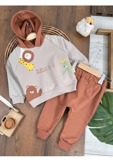 Baby Waka Zürafa&aslan Baskılı Kapüşonlu Erkek Bebek Alt Üst Takım Kahve