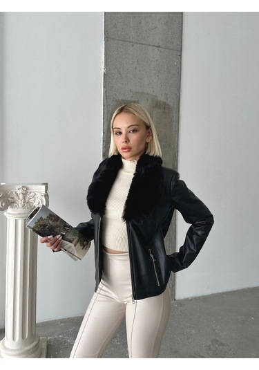 Kadın Deri Mont Siyah