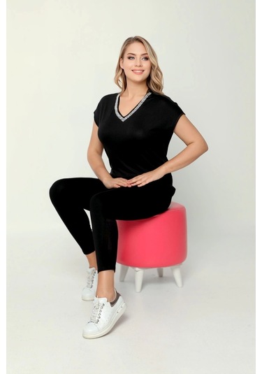 Yakası Taş Baskılı Bluz Siyah