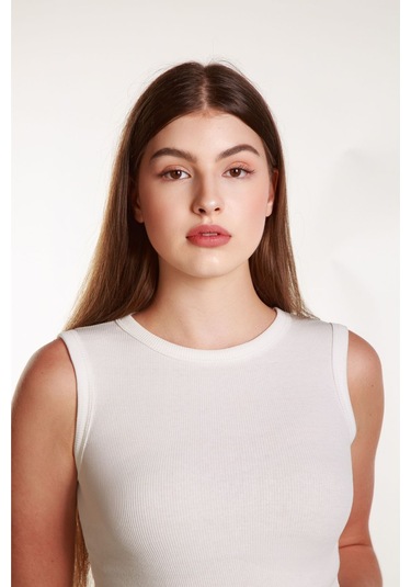 Kadın Kırıkbeyaz Fitilli Likralı Sıfır Kol Bisiklet Yaka Örme Atlet Tshirt Bluz KIRIK BEYAZ