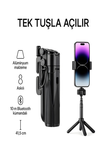 41.5 Cm 360 Ayarlanabilir Bluetooth Kumandalı Kablosuz Tripod Selfie Stick Monopod