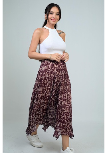 Kadın Beli Lastikli Astarlı Mini Çiçekli Midi Kraşlı Üçgen Etek-41697 Mürdüm