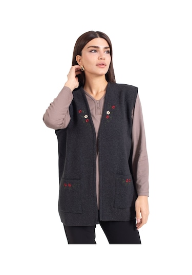 Kadın Orta Yaş Ve Üzeri Triko Örgü Düğmesiz Kanaviçe Desen Nakışlı Anne Yelek 310-siyah-füme Çok Renkli