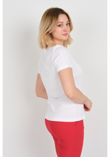 Ella Camelia Kadın Yakası Dantel İşlemeli Kısa Kol Pamuklu Bluz 24e008 Beyaz Beyaz