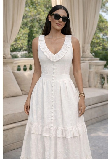 Asprinfashion V Yaka Önü Süs Düğmeli Keten Elbise Beyaz