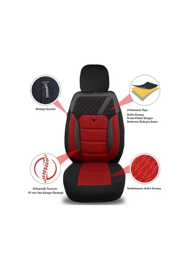 Pandami Oto Koltuk Kılıfı, Tam Set, Gofraj / Kırmızı