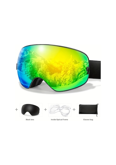 Oldfriend Poat Kayak Gözlüğü Siyah Yeşil Lens Anti Fog Kar Sporları Kışlık
