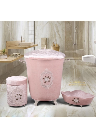 Shems Pudra 3Lü Kadife Banyo Kirli Çamaşır Sepeti Seti Pudra