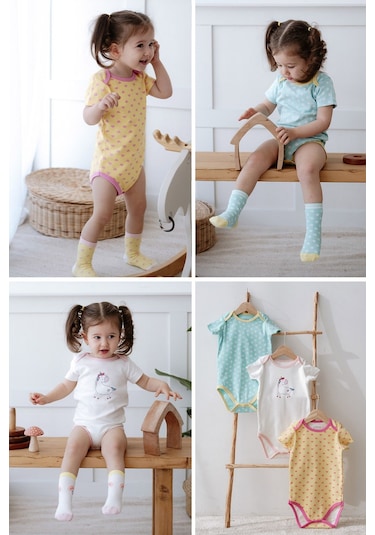 Lilabio %100 Pamuk 3'lü Kısa Kollu Bebek Body Renkli Çok Renkli