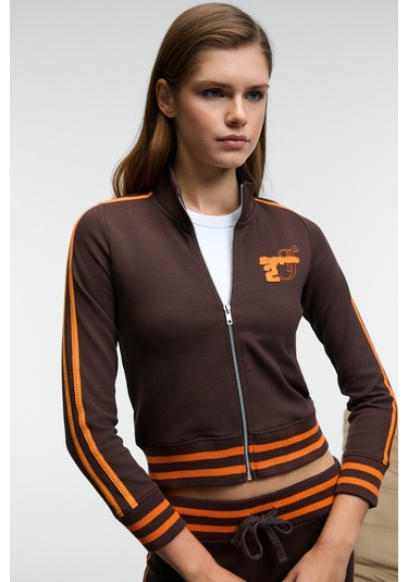 Grımelange Talysse Kadın Fermuarlı Dik Yakalı Etek Ucu Manşetli Trikolu Kahverengi Ceket Kahverengi