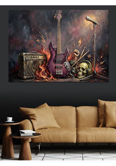 Kurukafa Ve Elektro Gitar Rock Dekoratif Kanvas - Mdf Ahşap Tablo