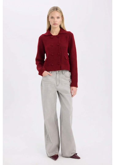 DeFacto Regular Fit Polo Yaka Basic Düz Düğmeli Triko Hırka E2289AX24WNBR93 Bordo