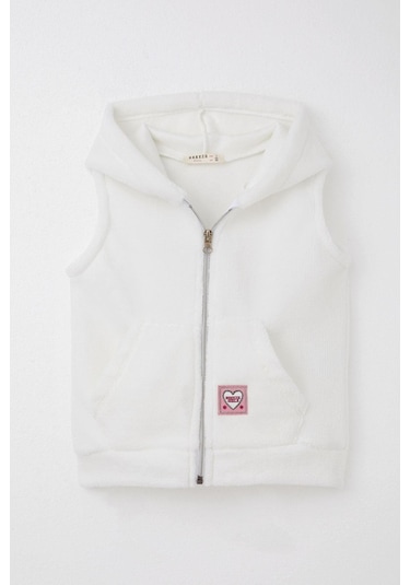Breeze Kız Çocuk Polar Yelek Kalp Armalı Kapüşonlu Cepli 3-8 Yaş, Beyaz Beyaz