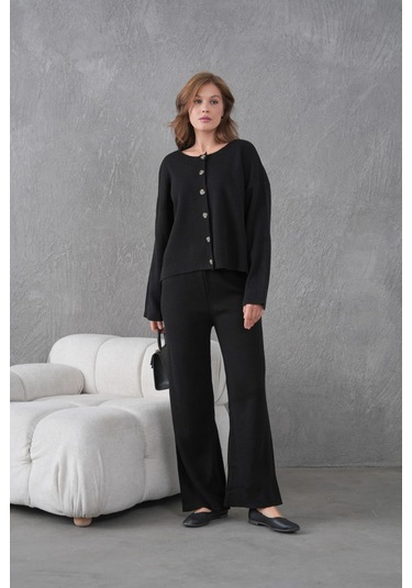 Kadın Bisiklet Yaka Düğme Kapama Kaşkorse Ceket Pantolon İkili Triko Takım Siyah