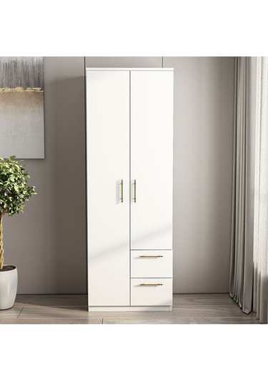 Merlin 2 Kapaklı, Çekmeceli Gardırop, Yatak Odası Dolap, Elbise Dolabı İstanbul Ceviz - 172 Cm / Beyaz