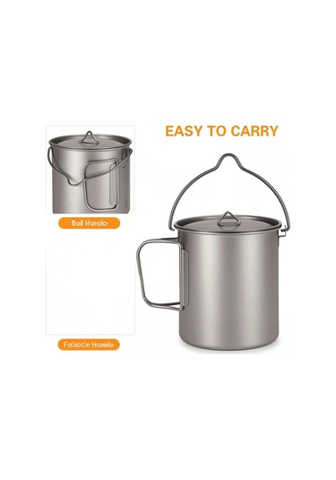 Yifomall Titanyum Tencere 750ml, Hafif Ve Dayanıklı, Çıkışlı Kullanıma Uygun, Kamp Ve Ev İçin Uygun Gümüş