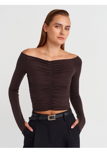 Dilvin 32089 Omuzları Açık Büzgülü Top-koyu Kahve Koyu Kahve