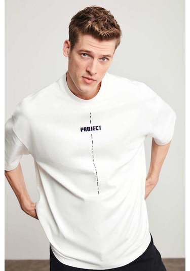Grimelange Project Erkek Baskı Detaylı Oversize Fit %100 Organik Pamuk Örme Bisiklet Yaka Örme Beyaz T-shirt