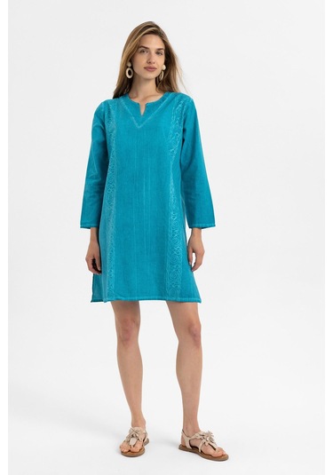 Turkuaz İşlemeli Uzun Kollu Astarsız Pamuklu Kısa Elbise-turkuaz Turkuaz