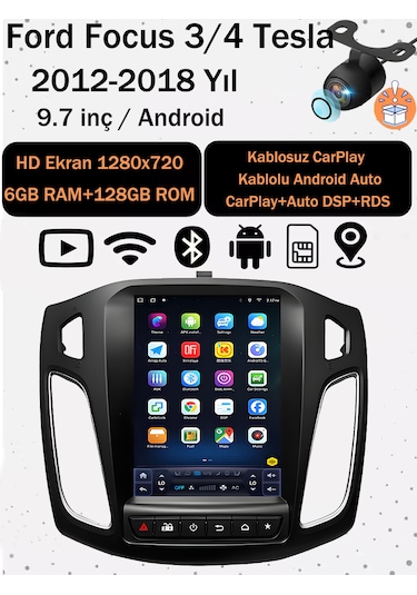 Ford Focus 3/4 2012-2018 9.7 Inç Tesla Tarzı Ekran 6gb Ram 128gb Rom Android 14 Multimedya Navigasyon Kablosuz Carplay 9.7''