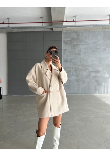 Laluvia Balıksırtı Oversize Kaban Taş Rengi Bej