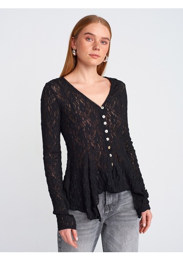 Dilvin 60433 Düğmeli Peplum Dantel Hırka-siyah Siyah