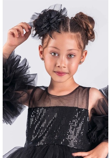 Kız Çocuk Abiye Elbise Ponpon Kol Pul Payetli Tütülü Siyah