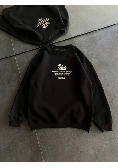 Kışlık Bisiklet Yaka Ön Ve Arka Baskılı Sweatshirt - Siyah Siyah