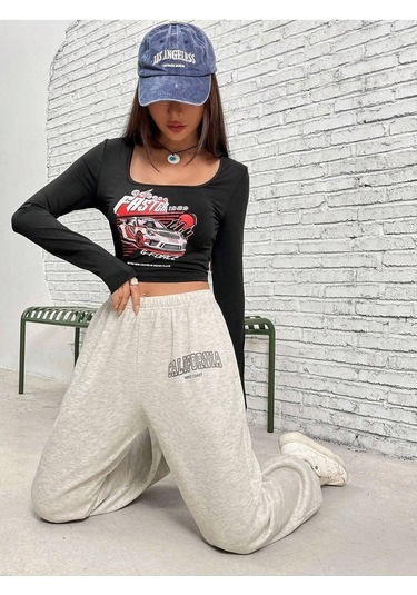 West Coast Eşofman Altı Jogger - Gri Baskılı Lastik Paça Yüksel Bel Gri