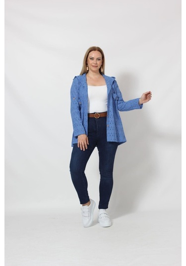 B029m Kapüşonlu Delikli Mevsimlik Ceket Mavi 001