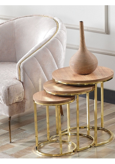 3' Lü Açık Ceviz Ahşap Gold Metal Sehpa