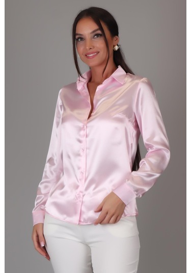 Sweetness Kadın Pembe Saten Uzun Kol Abiye Gömlek Pembe