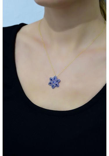 925 Ayar Gümüş Altın Kaplama Safir Damla Lotus Kolye