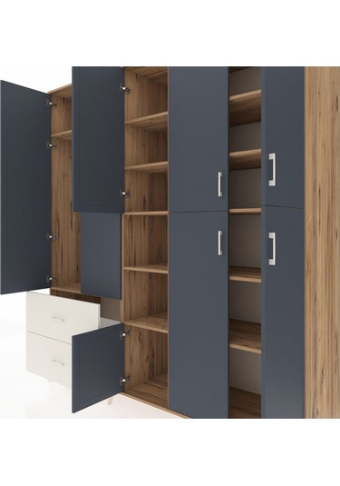 Kronos Dolap 12 Raflı 2 Çekmeceli Tek Askılı 220x59x243 Çam-antrasit/aytaşı Antrasıt/aytası