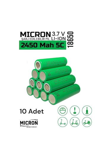 18650 3.7v Volt 2450 Mah 5c Lityum Şarj Edilebilir 10 Adet Pil Batarya