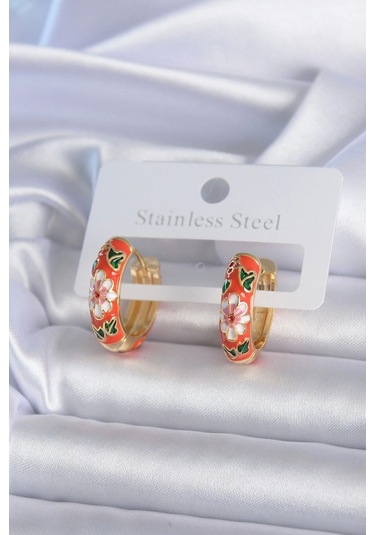 316l Çelik Gold Renk Çiçek İşleme Turuncu Kadın Küpe - Tj-bkp7891 Çok Renkli