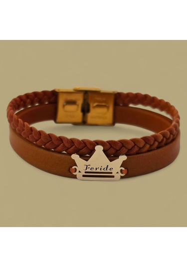 Archin Feride İsmine Özel Taç Motifli 14 Ayar Altın Plakalı Kahverengi Derili Hediye Bileklik-467isim Feride