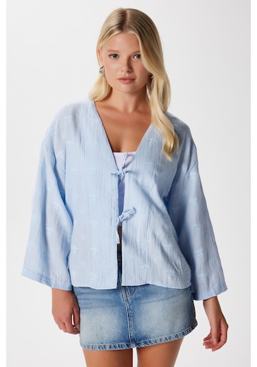 Ritnice Kadin Flora Müslin Kabartma Dokulu Mavi Kimono Mavi