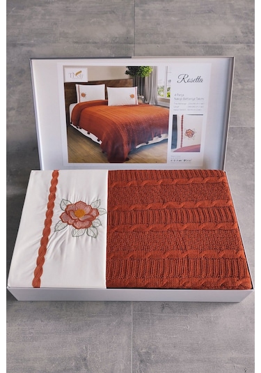 Triko Örme Battaniye Takımı-nakışlı Yatak Seti-tivoli Rosetta Kiremit