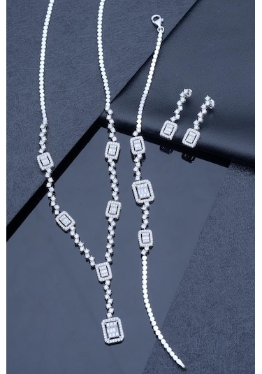 925 Ayar Gümüş Kadın Baget Taşlı Elegant Set